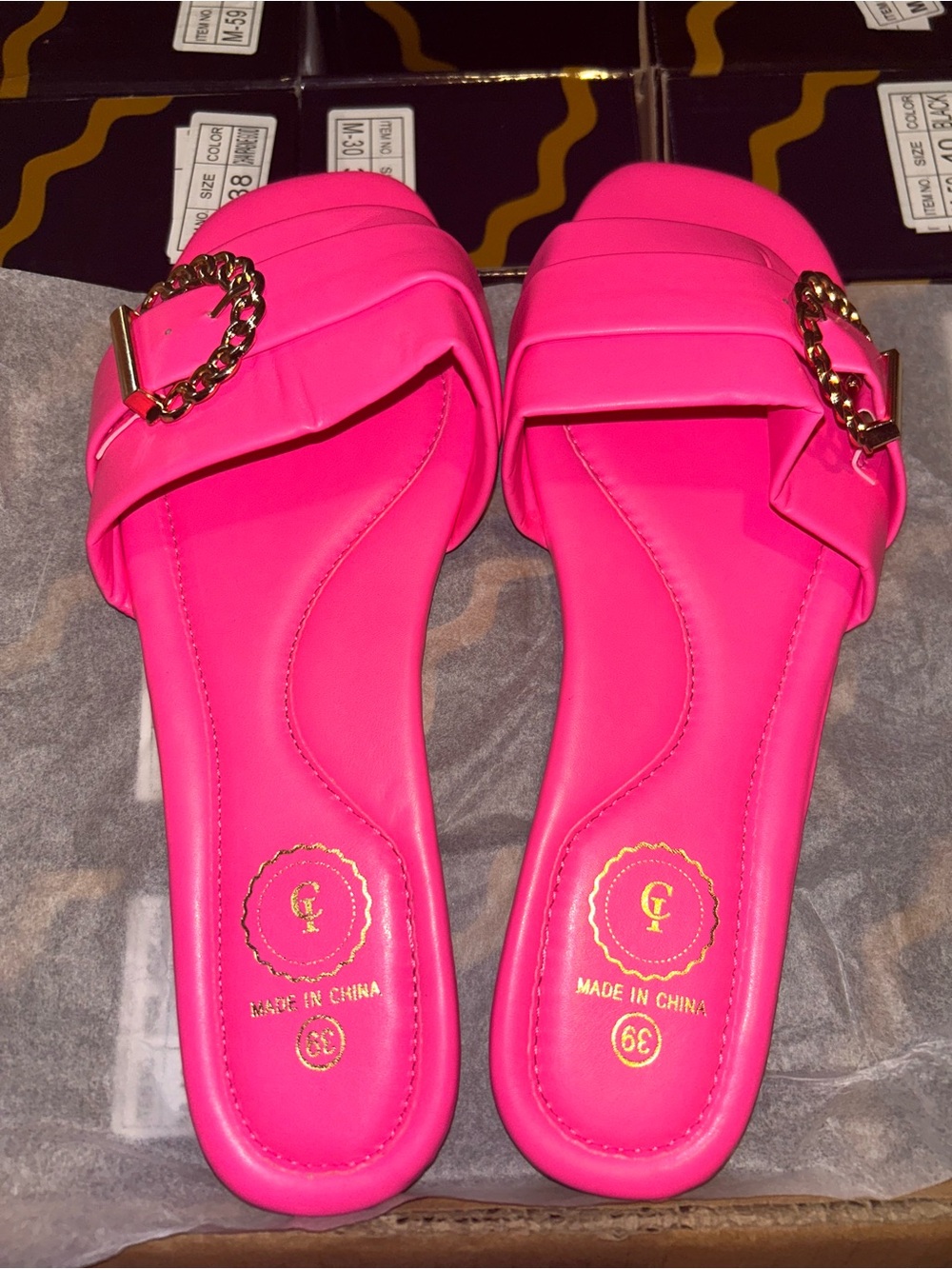 Women's Hot Pink Slide Mules with Gold Chain Accent